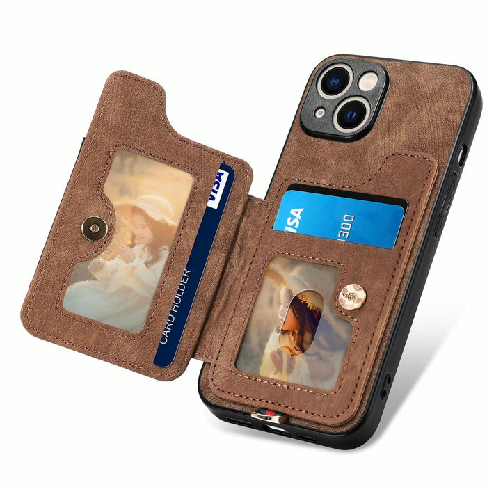 For Iphone 15 Retro Skin-Feel Ring Multi-Card Wallet Phone Case