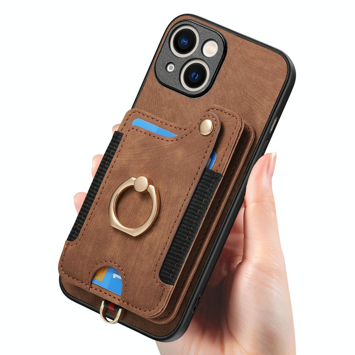 For Iphone 15 Retro Skin-Feel Ring Multi-Card Wallet Phone Case