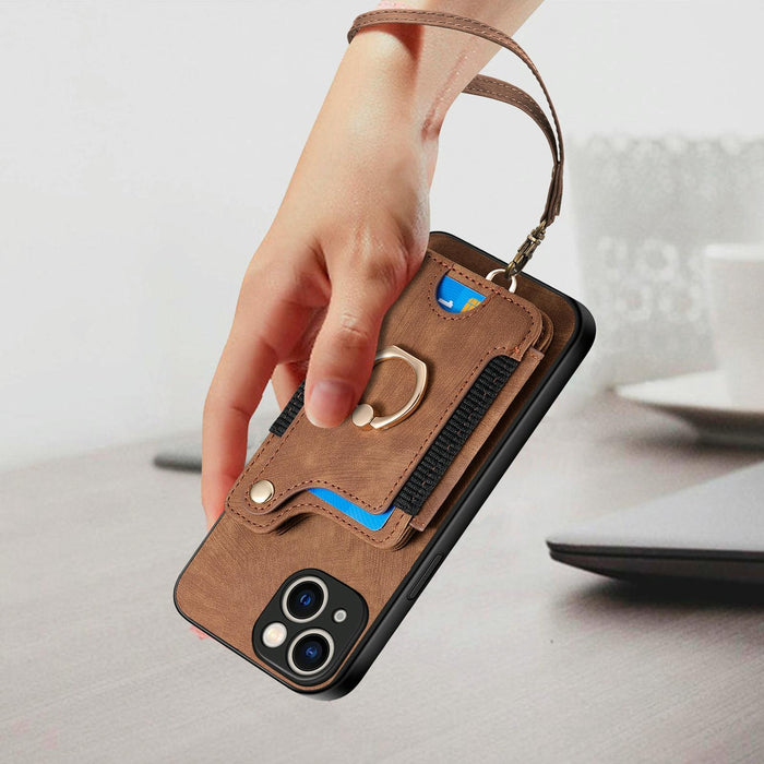 For Iphone 15 Retro Skin-Feel Ring Multi-Card Wallet Phone Case