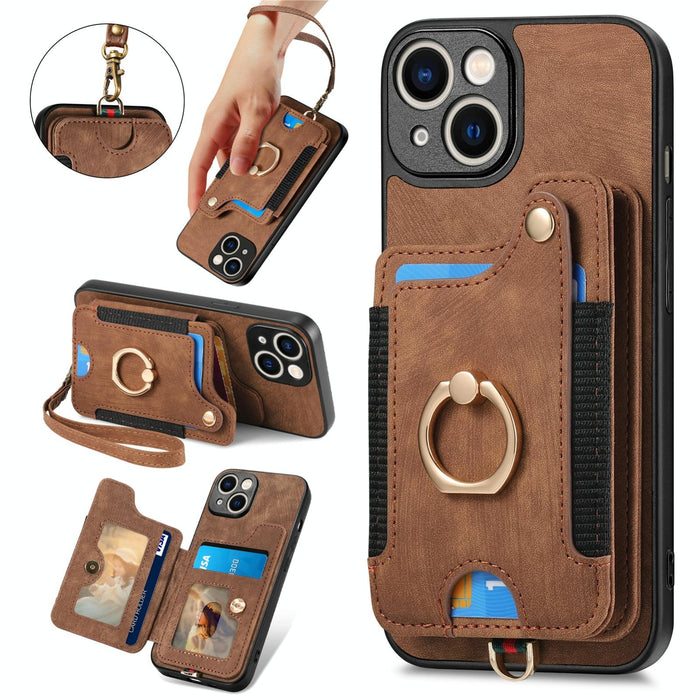 For Iphone 15 Retro Skin-Feel Ring Multi-Card Wallet Phone Case