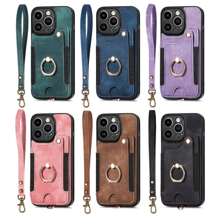 For Iphone 15 Retro Skin-Feel Ring Multi-Card Wallet Phone Case