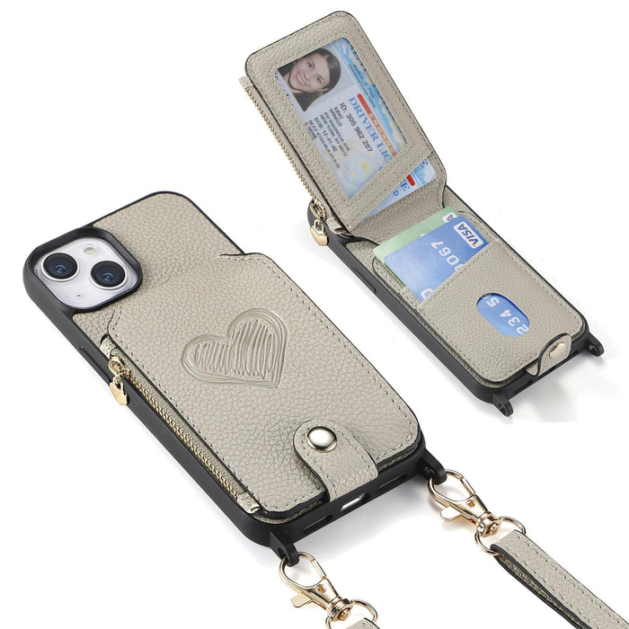 For Iphone 15 Crossbody Love Zipper Leather Back Phone Case
