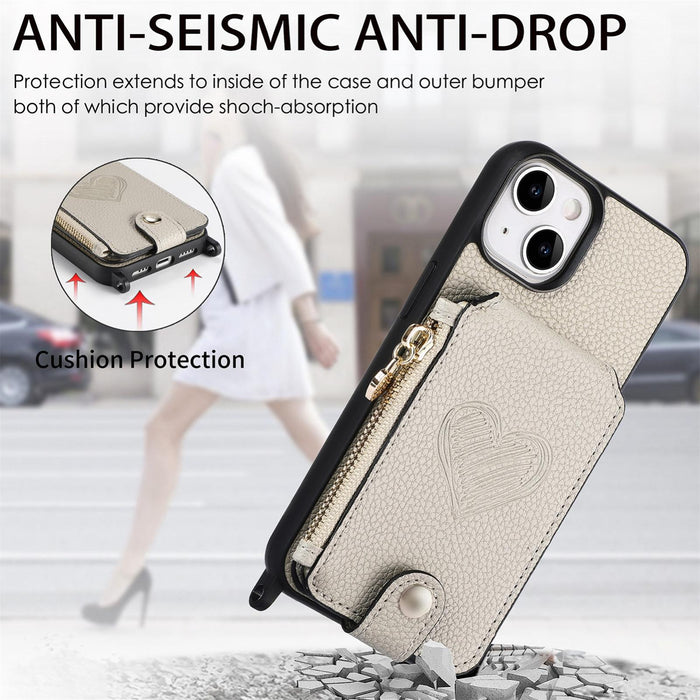 For Iphone 15 Crossbody Love Zipper Leather Back Phone Case
