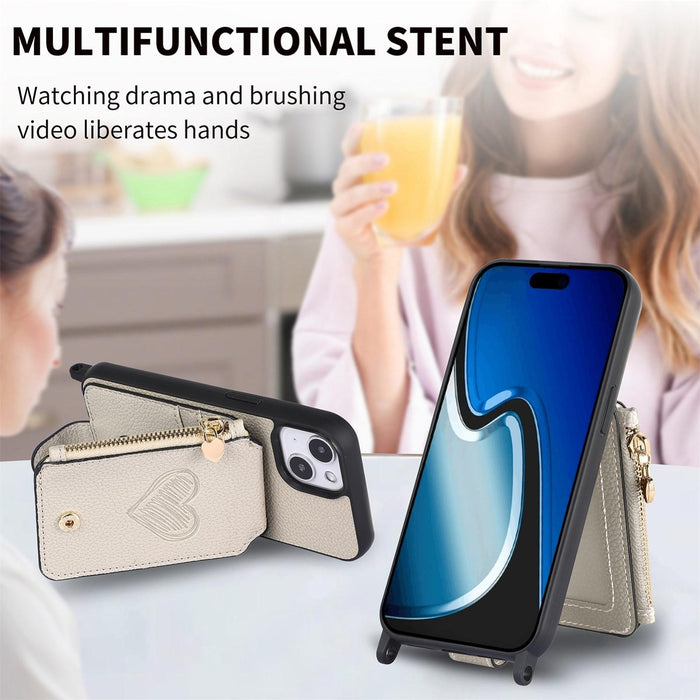 For Iphone 15 Crossbody Love Zipper Leather Back Phone Case
