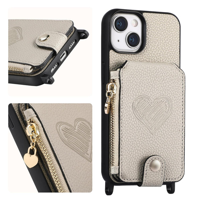 For Iphone 15 Crossbody Love Zipper Leather Back Phone Case