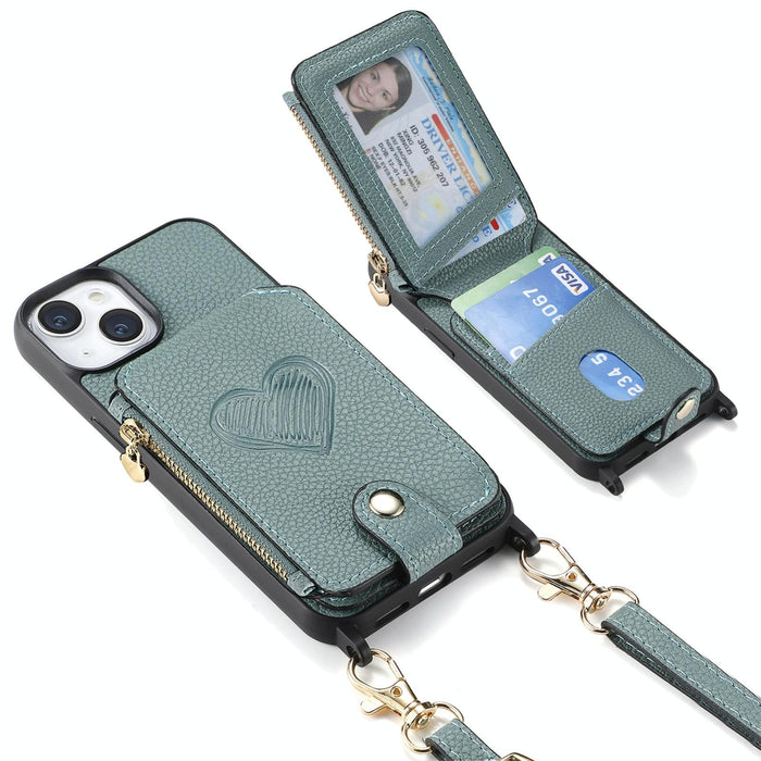 For Iphone 15 Crossbody Love Zipper Leather Back Phone Case