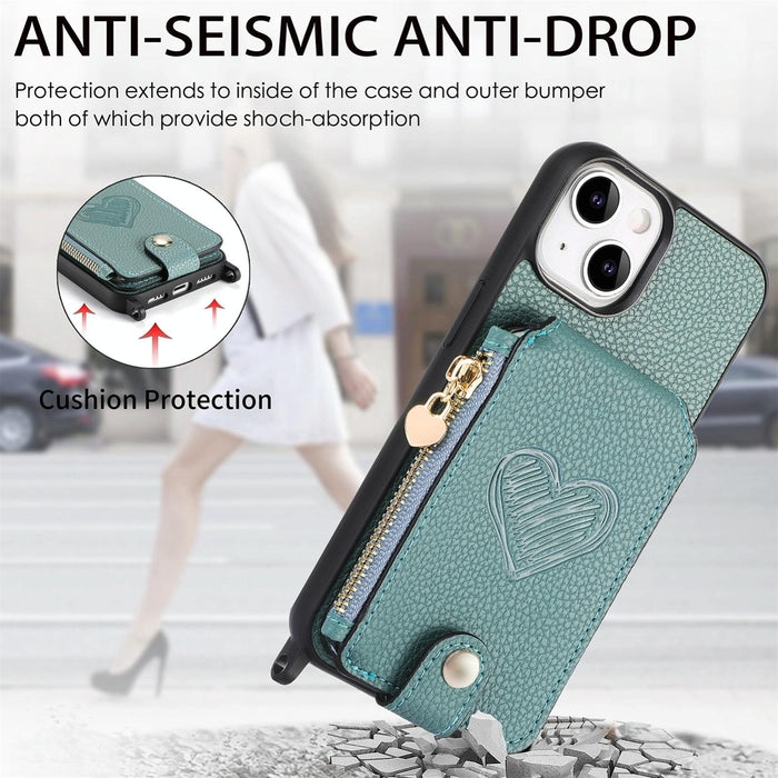 For Iphone 15 Crossbody Love Zipper Leather Back Phone Case