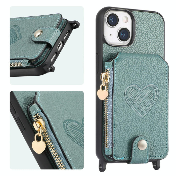 For Iphone 15 Crossbody Love Zipper Leather Back Phone Case