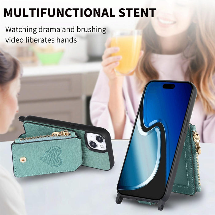 For Iphone 15 Crossbody Love Zipper Leather Back Phone Case