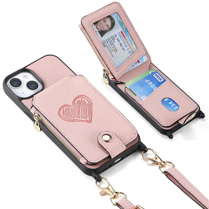 For Iphone 15 Crossbody Love Zipper Leather Back Phone Case