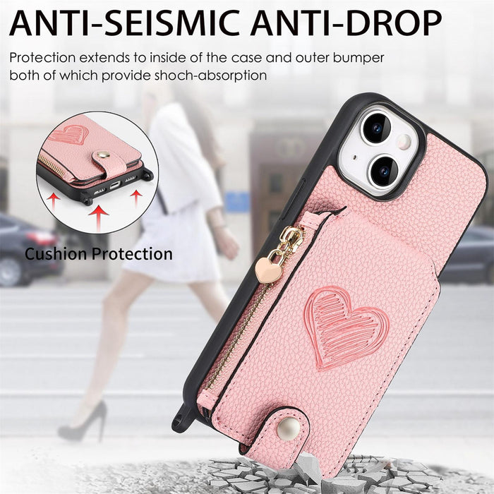 For Iphone 15 Crossbody Love Zipper Leather Back Phone Case