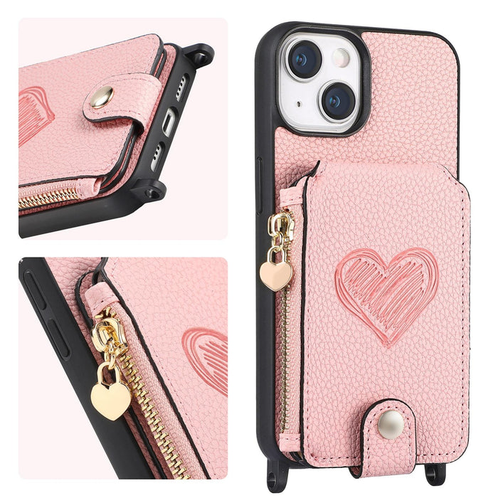For Iphone 15 Crossbody Love Zipper Leather Back Phone Case