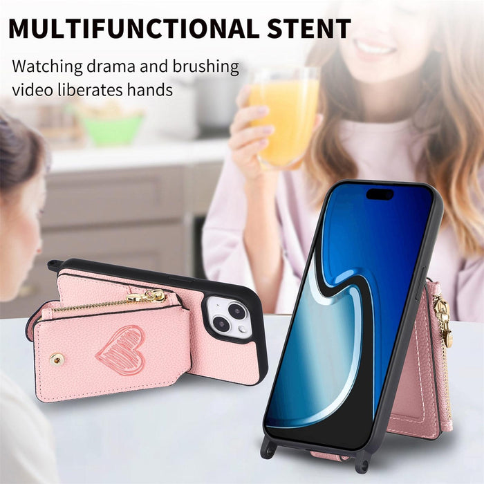 For Iphone 15 Crossbody Love Zipper Leather Back Phone Case