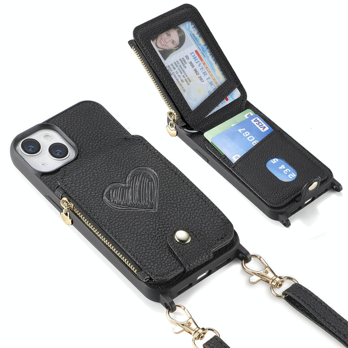For Iphone 15 Crossbody Love Zipper Leather Back Phone Case