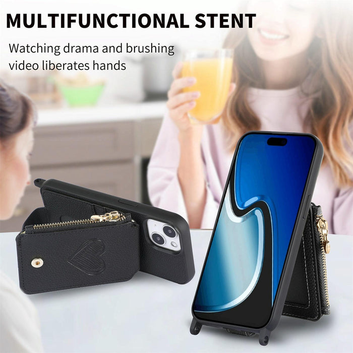 For Iphone 15 Crossbody Love Zipper Leather Back Phone Case