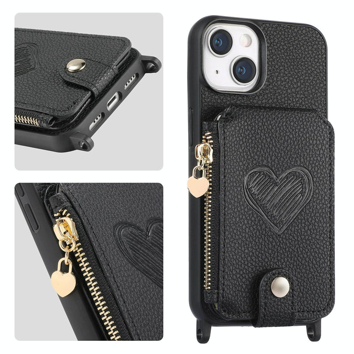 For Iphone 15 Crossbody Love Zipper Leather Back Phone Case