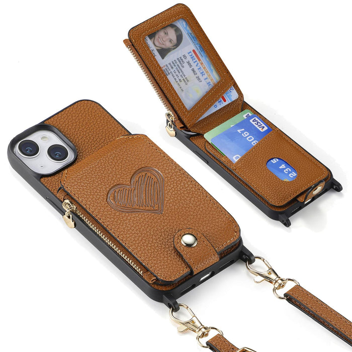 For Iphone 15 Crossbody Love Zipper Leather Back Phone Case