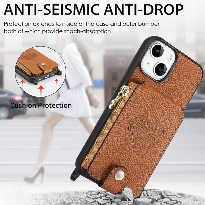 For Iphone 15 Crossbody Love Zipper Leather Back Phone Case
