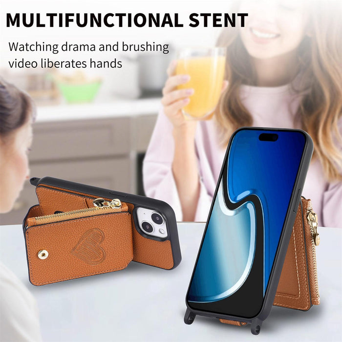 For Iphone 15 Crossbody Love Zipper Leather Back Phone Case