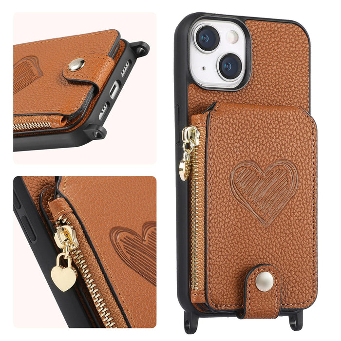 For Iphone 15 Crossbody Love Zipper Leather Back Phone Case