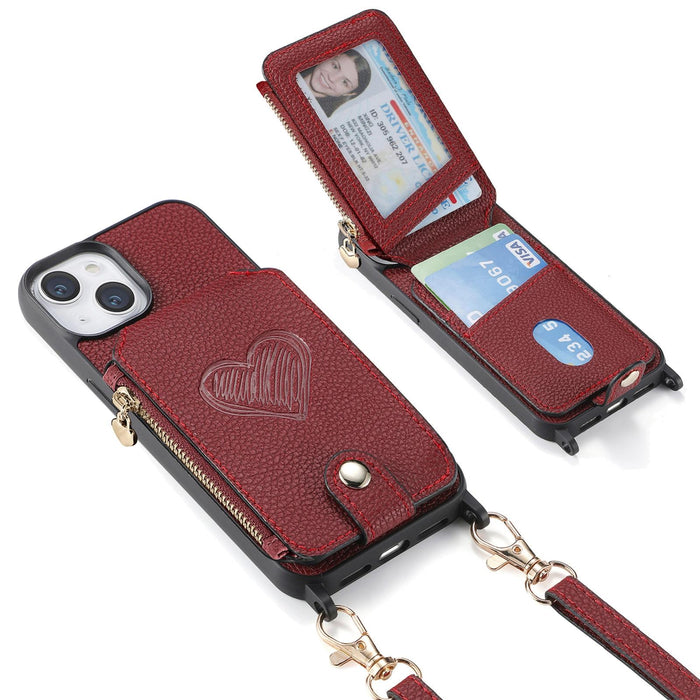 For Iphone 15 Crossbody Love Zipper Leather Back Phone Case