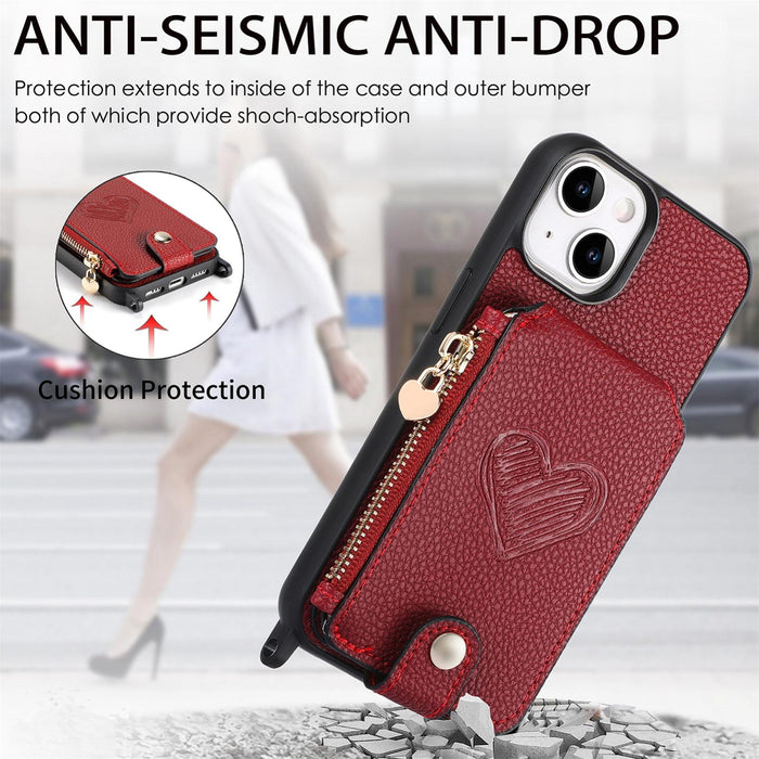 For Iphone 15 Crossbody Love Zipper Leather Back Phone Case