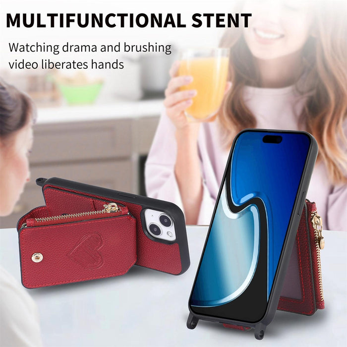 For Iphone 15 Crossbody Love Zipper Leather Back Phone Case