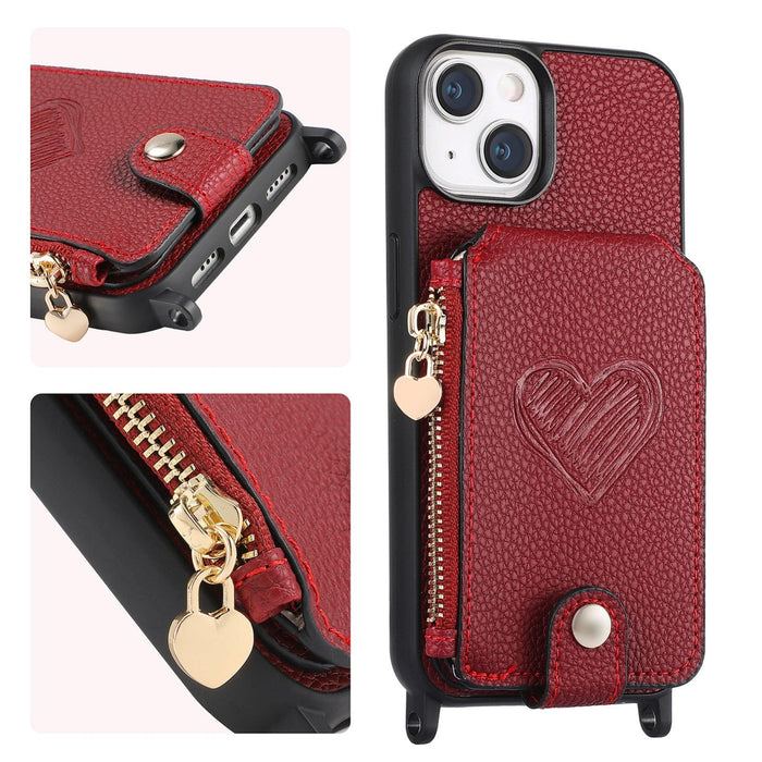 For Iphone 15 Crossbody Love Zipper Leather Back Phone Case