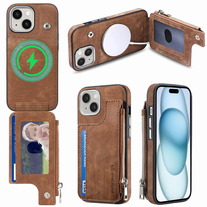 For Iphone 15 Magsafe Zipper Rfid Wallet All-Inclusive Shockrpoof Phone Case