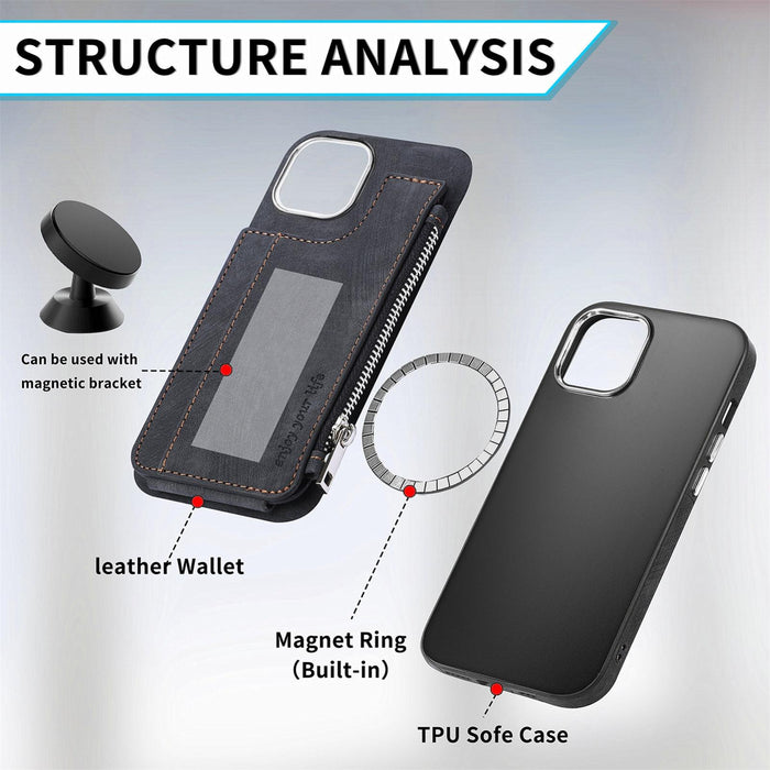 For Iphone 15 Magsafe Zipper Rfid Wallet All-Inclusive Shockrpoof Phone Case