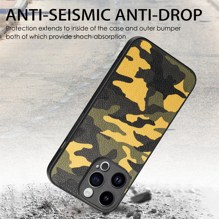 For Iphone 15 Retro Camouflage Leather Back Phone Case