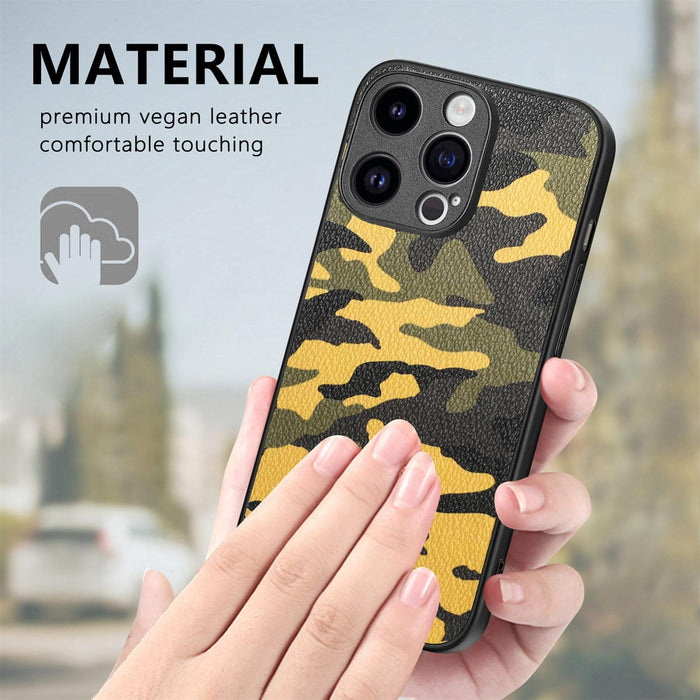 For Iphone 15 Retro Camouflage Leather Back Phone Case