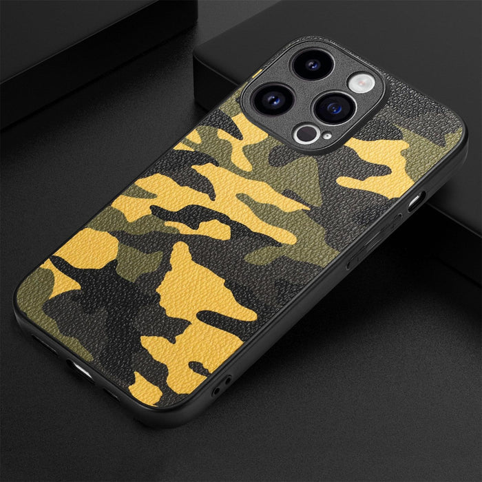 For Iphone 15 Retro Camouflage Leather Back Phone Case