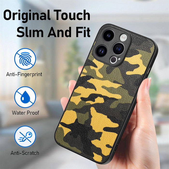 For Iphone 15 Retro Camouflage Leather Back Phone Case