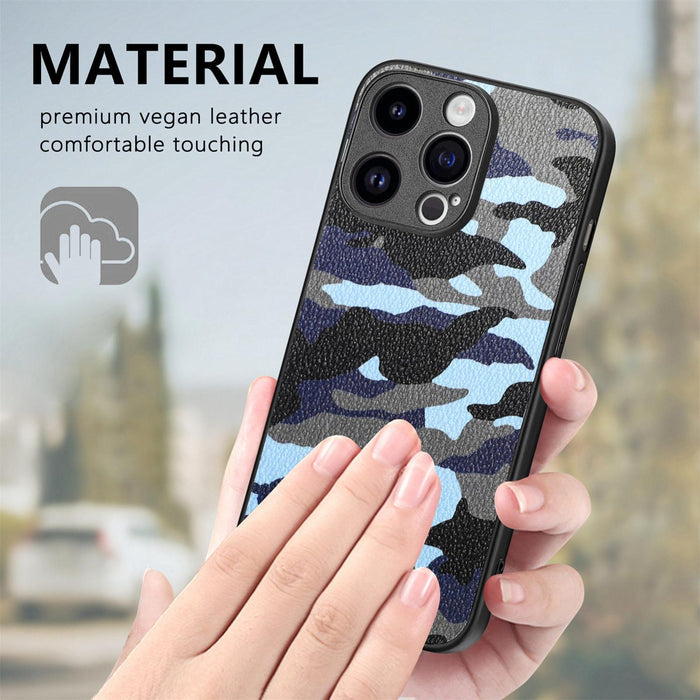 For Iphone 15 Retro Camouflage Leather Back Phone Case