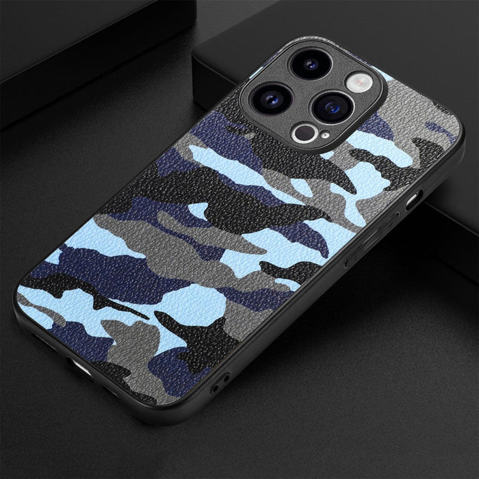 For Iphone 15 Retro Camouflage Leather Back Phone Case