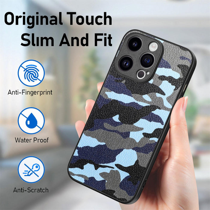 For Iphone 15 Retro Camouflage Leather Back Phone Case