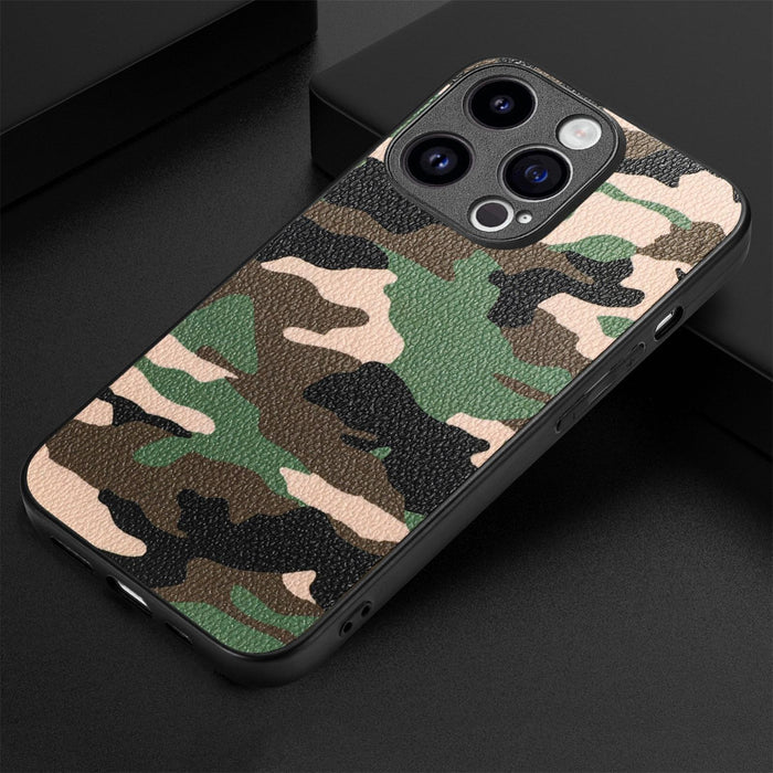 For Iphone 15 Retro Camouflage Leather Back Phone Case