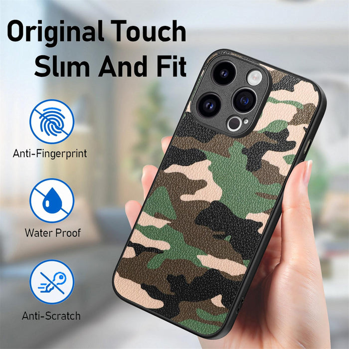 For Iphone 15 Retro Camouflage Leather Back Phone Case