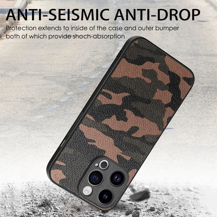 For Iphone 15 Retro Camouflage Leather Back Phone Case