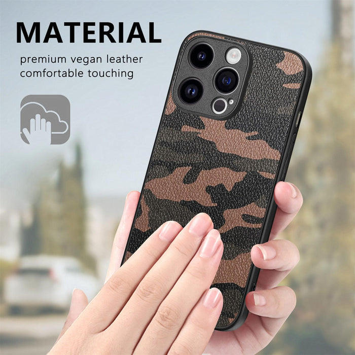 For Iphone 15 Retro Camouflage Leather Back Phone Case