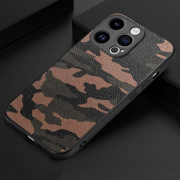 For Iphone 15 Retro Camouflage Leather Back Phone Case