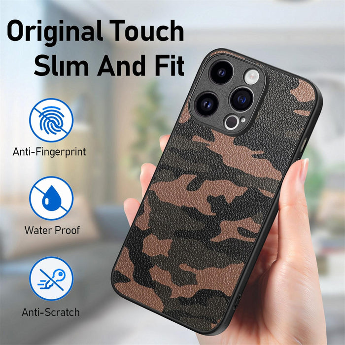 For Iphone 15 Retro Camouflage Leather Back Phone Case