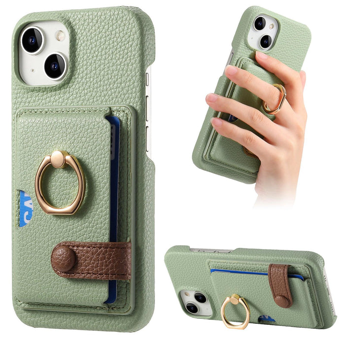 For Iphone 15 Litchi Leather Oil Edge Ring Card Back Phone Case