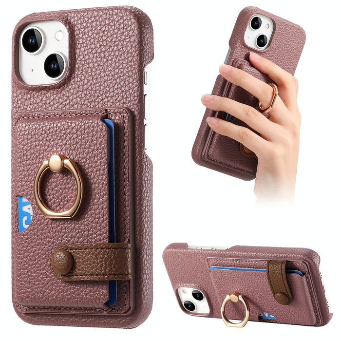 For Iphone 15 Litchi Leather Oil Edge Ring Card Back Phone Case