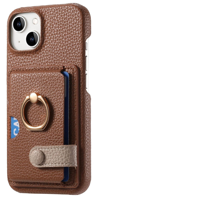 For Iphone 15 Litchi Leather Oil Edge Ring Card Back Phone Case
