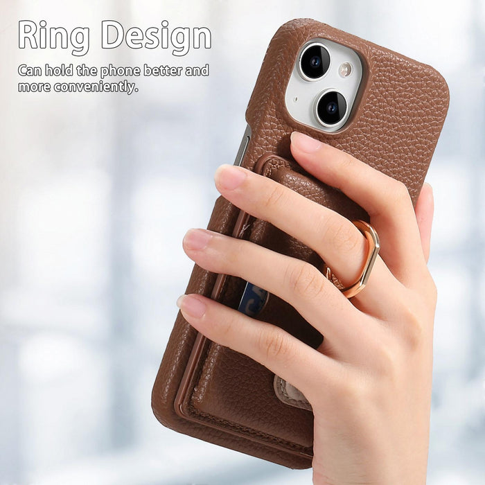 For Iphone 15 Litchi Leather Oil Edge Ring Card Back Phone Case
