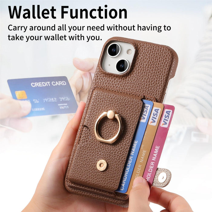 For Iphone 15 Litchi Leather Oil Edge Ring Card Back Phone Case
