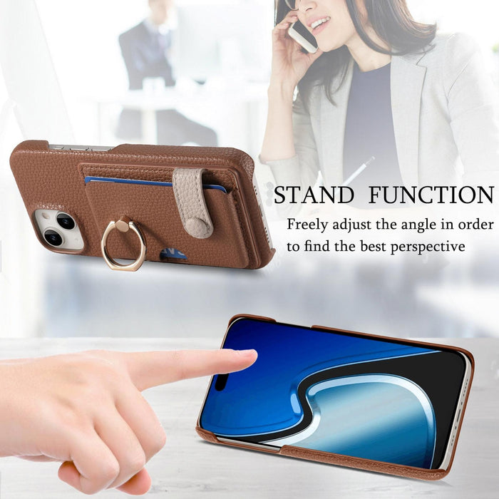 For Iphone 15 Litchi Leather Oil Edge Ring Card Back Phone Case