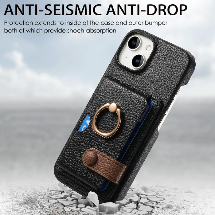 For Iphone 15 Litchi Leather Oil Edge Ring Card Back Phone Case